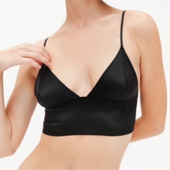 Zara Women's Black Satin Effect V-Neck Crop Top Triangle Bralette S - Picture 2 of 14